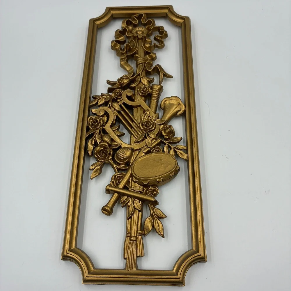 Vtg 1964 Burwood Products Gold‎ Musical Wall Plaques Pair USA MCM Plastic 14x5.5